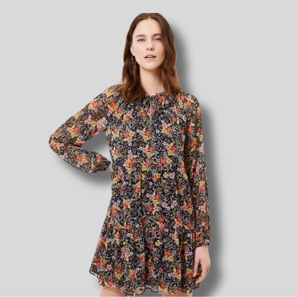 LOFT Floral Tie Neck Swing Long Sleeve Dress with Slip